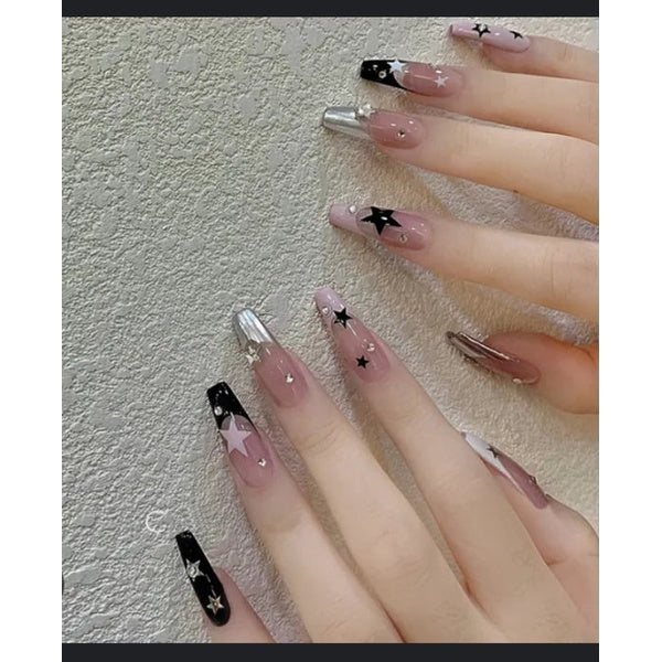 10 PCs Fake Nails False Nails Wearable Nails Stylish Pattern Artificial Nails | Fake Nails For Girls | Artificial Nails For Women with Sticking Dots ( Random Design )