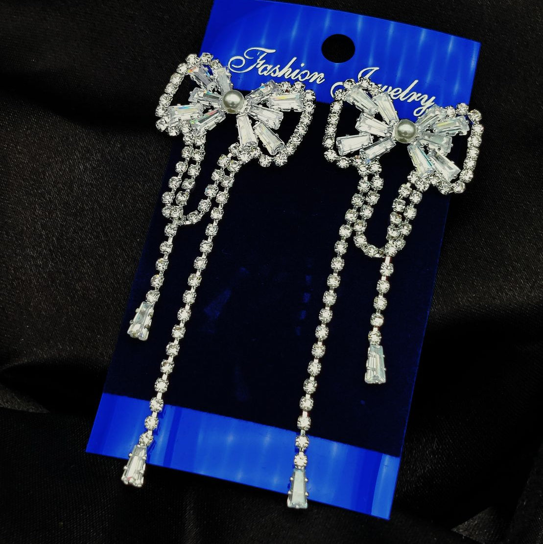 Imported Tarnish-Free Silver Sparkling Long Statement Earrings for Glamorous Evenings | Best Quality Earrings For Girls &amp; Women | Luxury Look Earrings (Silver) - Long Statement