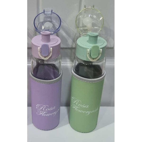 Rosa Flowery Glass Water Bottle with Protective Sleeve &amp; Flip-Top Cap (300ml) | Water Bottle | Glass Water Bottle | - Purple - GlowLaa.com