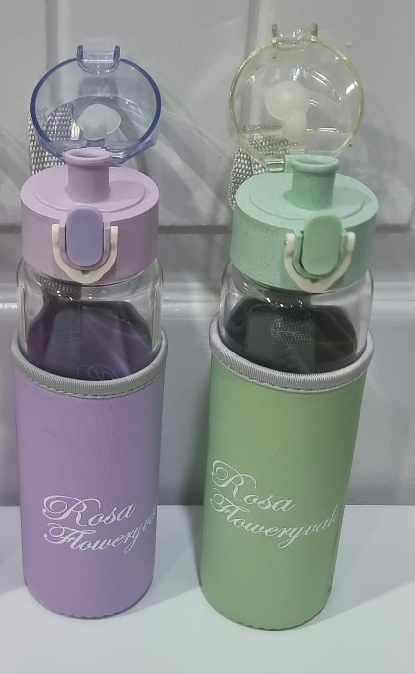 Rosa Flowery Glass Water Bottle with Protective Sleeve &amp; Flip-Top Cap (300ml) | Water Bottle | Glass Water Bottle | - Purple