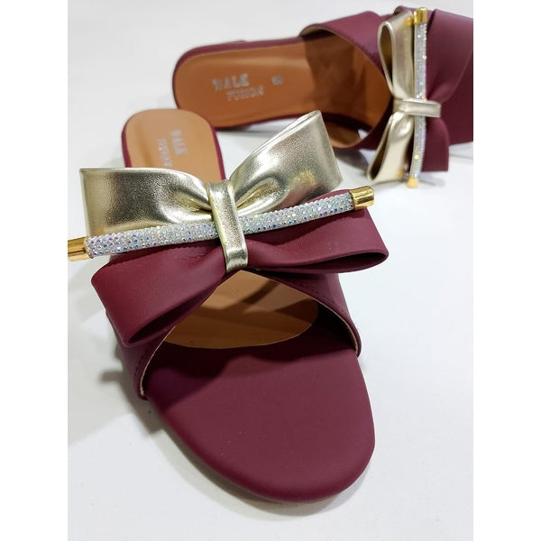 Stylish Maroon Block Heel Slip-On Slippers for Women with Golden Bow and Rhinestone Detailing – Comfortable Daily &amp; Party Wearone perfect pair Stylish | Comfortable | Premium Quality | Slipper | Slipper For Women (With Box) - 7 - GlowLaa.com