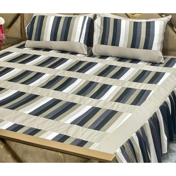 Luxury 3-Piece Frill Patchwork Double Bed Bedsheet Set – Soft Cotton Blend, Multicolor, Includes 2 Pillow Covers, Elegant Frilled Edges - Design 1 - GlowLaa.com