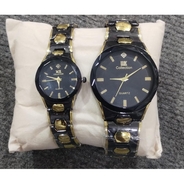 Elegant Couple Watch Set – Luxury Quartz Wristwatches for Him &amp; Her with Dual-Tone Metal Strap - BLACK AND GOLD - GlowLaa.com