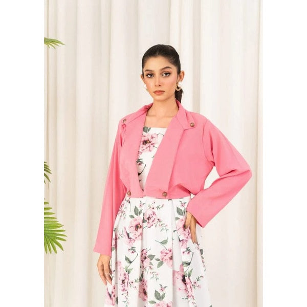 2 pcs Stylish Floral Print Maxi Dress with Pink Jacket - Women's Western Wear -  Floral Maxi