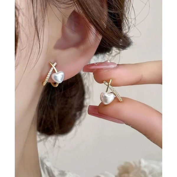Stylish Minimalist Pearl Heart Earrings – Gold Hoop with Crystal Detailing - Cross Heart Peal Korean Earrings (PJT-993) - GOLDEN - GlowLaa.com