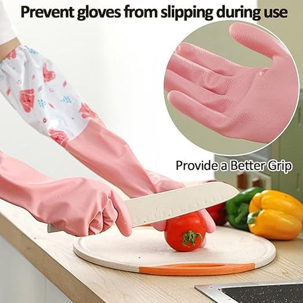 Long Reusable Dishwashing Gloves with Warm Fleece Lining – Extra Long Waterproof Rubber Cleaning Gloves, Anti-Slip, Heat Resistant for Kitchen, Laundry, and Household Use (Random Color) - GlowLaa.com