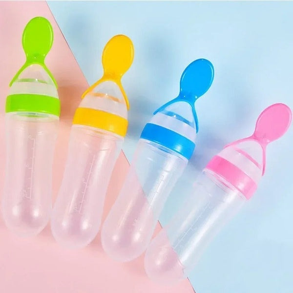 Silicone Baby Spoon Squeezing Feeding Bottle Feeder – Soft, Safe &amp; Easy Baby Food Dispenser (Random color) - GlowLaa.com