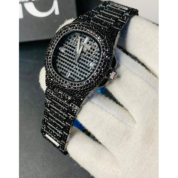 NEW Watch Collection Black Stone / Blacked Iced Out Stain-Less Steel Chain Watch For Mens Fashion (Black Without Box)