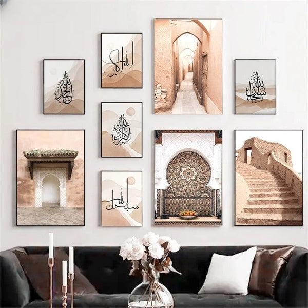 Modern Islamic Wall Art Set – 9 Framed Prints Featuring Arabic Calligraphy & Cultural Photography - GlowLaa.com