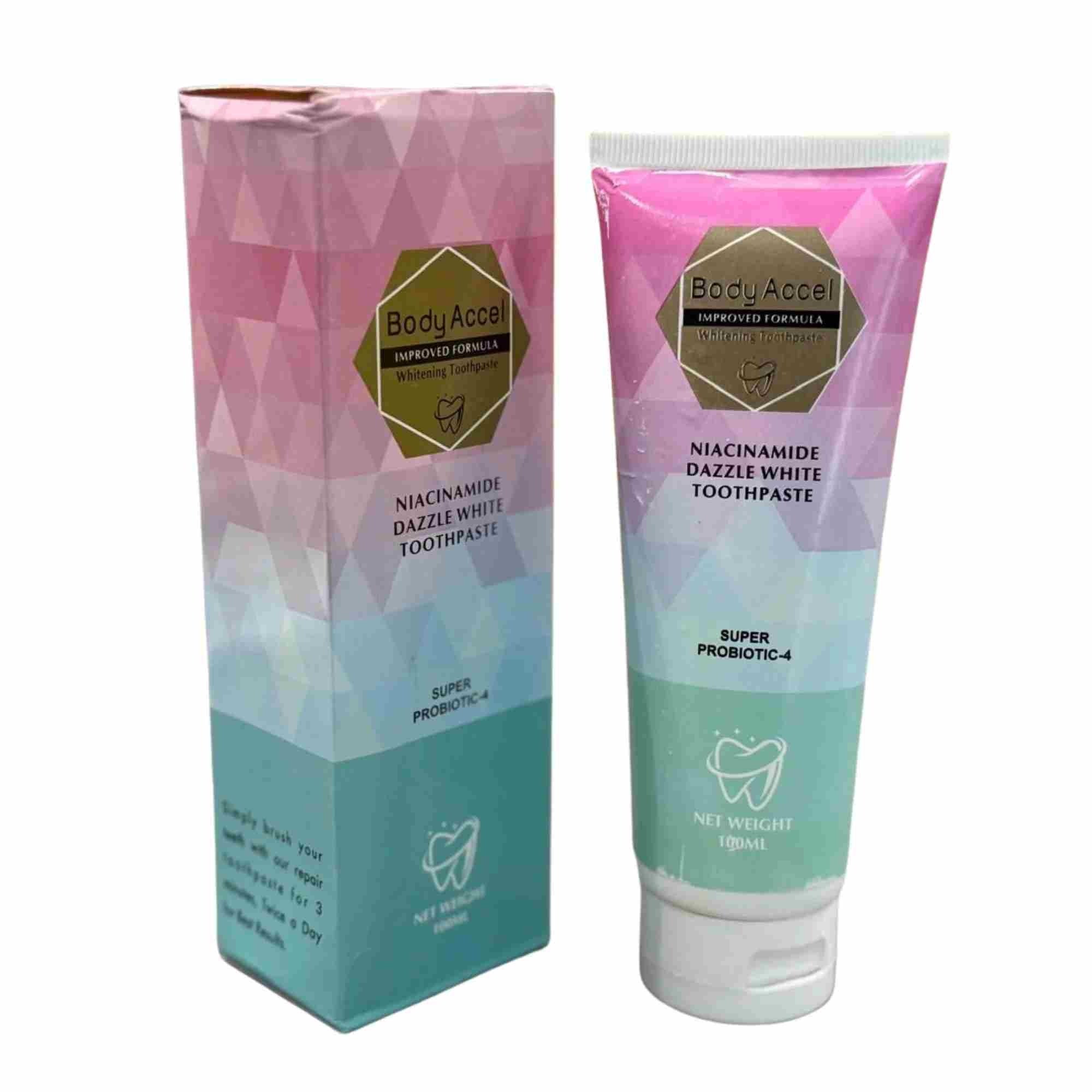 Body Accel Niacinamide Whitening Toothpaste 100ml – Advanced Stain Removal with Probiotics for Bright Smile & Fresh Breath