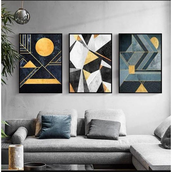 Modern Abstract Wall Art Set – 3 Wooden Frames (8x11”) with Geometric Gold & Black Designs | Easy Wall Mounting with Double Tape - GlowLaa.com