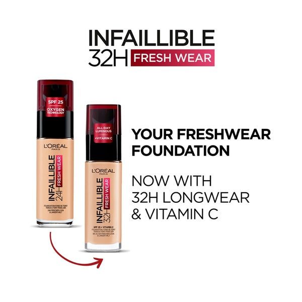 L'Oréal Paris Infallible 32H Fresh Wear Foundation, Full-coverage, Longwear, Weightless Smooth Finish, Water-proof and Transfer-proof, with Vitamin C 30ml - Natural - GlowLaa.com