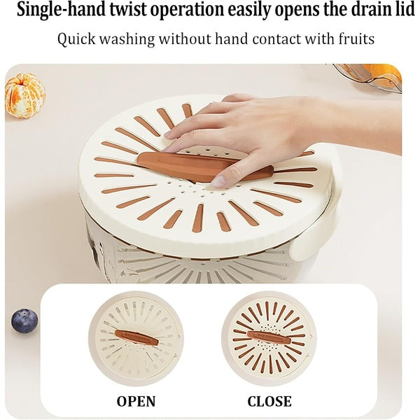 Kitchen Fruit Drainage Basket with Lid – Multi functional Dual-Layer Bowl for Washing, Draining &amp; Storing Fruits and Vegetables, Foldable Handle Design, White - GlowLaa.com