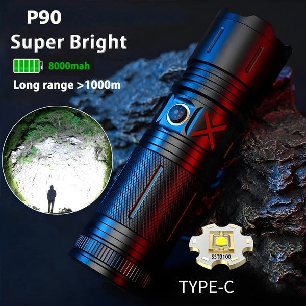 Ruilang P90 High Power Rechargeable LED Flashlight – Ultra Bright Torch with Zoom, Multiple Modes &amp; Type-C Fast Charging - GlowLaa.com