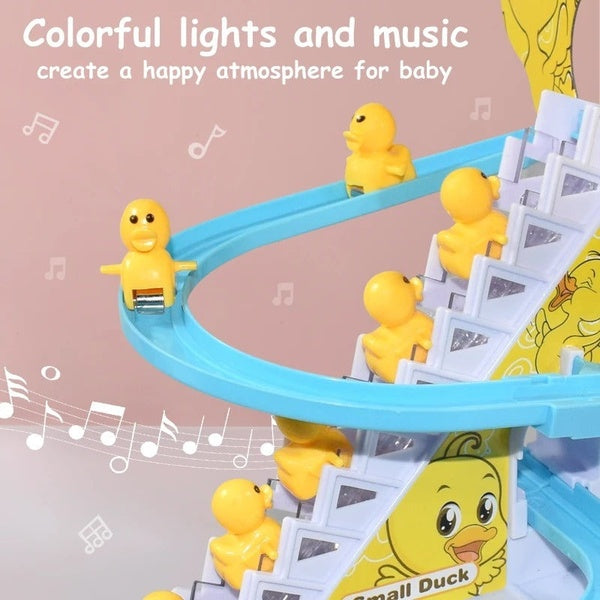 Duck Slide Toy Set, Funny Automatic Stair-Climbing Ducklings Cartoon Race Track Set Little Lovely Duck Slide Toy Escalator Toy with Lights and Music (3 sliding ducks)