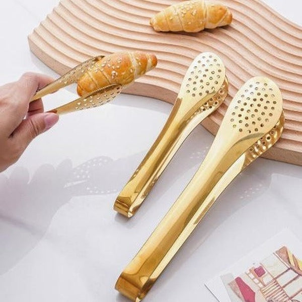 Mini Stainless Steel Food Serving Tong – 6 Inch Strainer Tong with 28-Hole Flat Head for Salad, Ice Cubes, Pastries, Frying &amp; Tea - GlowLaa.com