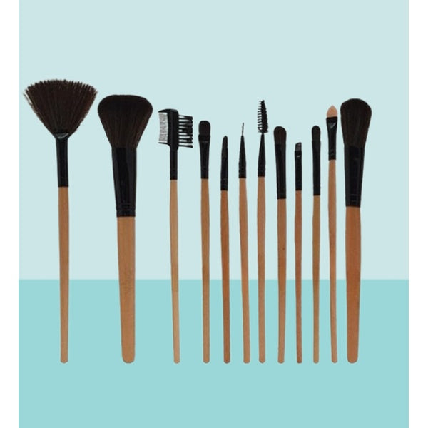 12-Piece Professional Makeup Brush Set with Roll-Up Pouch – Soft Bristles &amp; Wooden Handles 