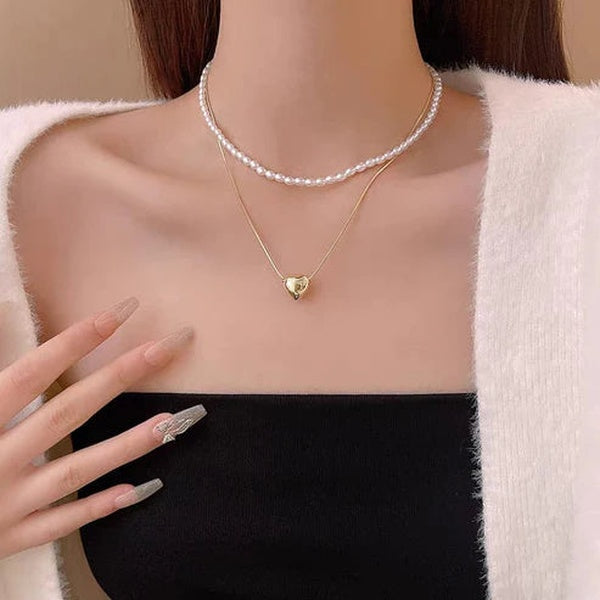 Elegant double Layer Heart pearl Pendent / Necklace Party Jewelry Gifts Accessories for Women - Golden - GlowLaa.com