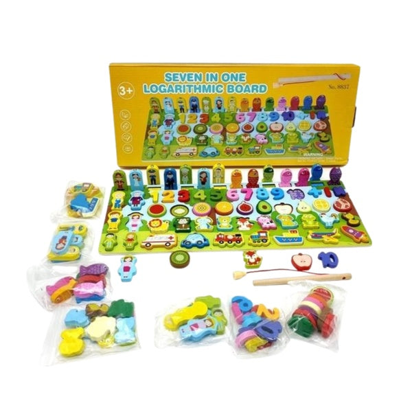 7-in-1 Logarithmic Board Educational Toy for Kids – Montessori Wooden Learning Puzzle with Numbers, Shapes, Colors, Stacking Rings, and Counting Pegs