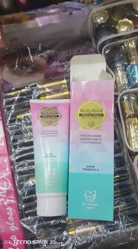 Body Accel Niacinamide Whitening Toothpaste 100ml  Advanced Stain Removal with Probiotics for Bright Smile & Fresh Breath