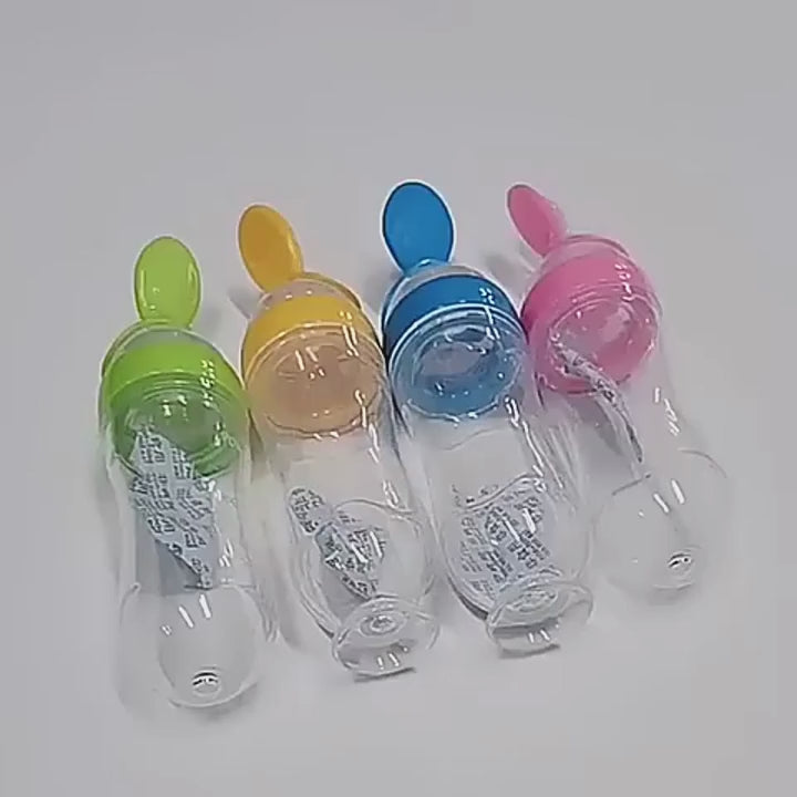 90ml Feeder With Spoon  Soft Silicone Baby Feeding Bottle With Spoon Dispenser For Easy And Mess Free Feeding (Random Color)